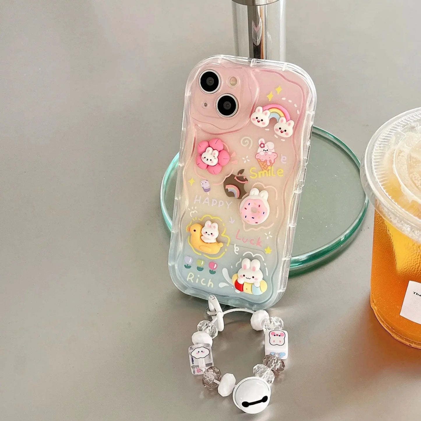 Cute 3D Rainbow Matte Shaded Soft iPhone Case With Lanyard Charm