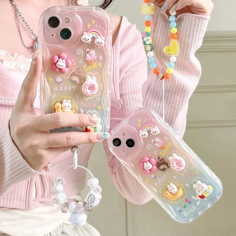 Cute 3D Rainbow Matte Shaded Soft iPhone Case With Lanyard Charm