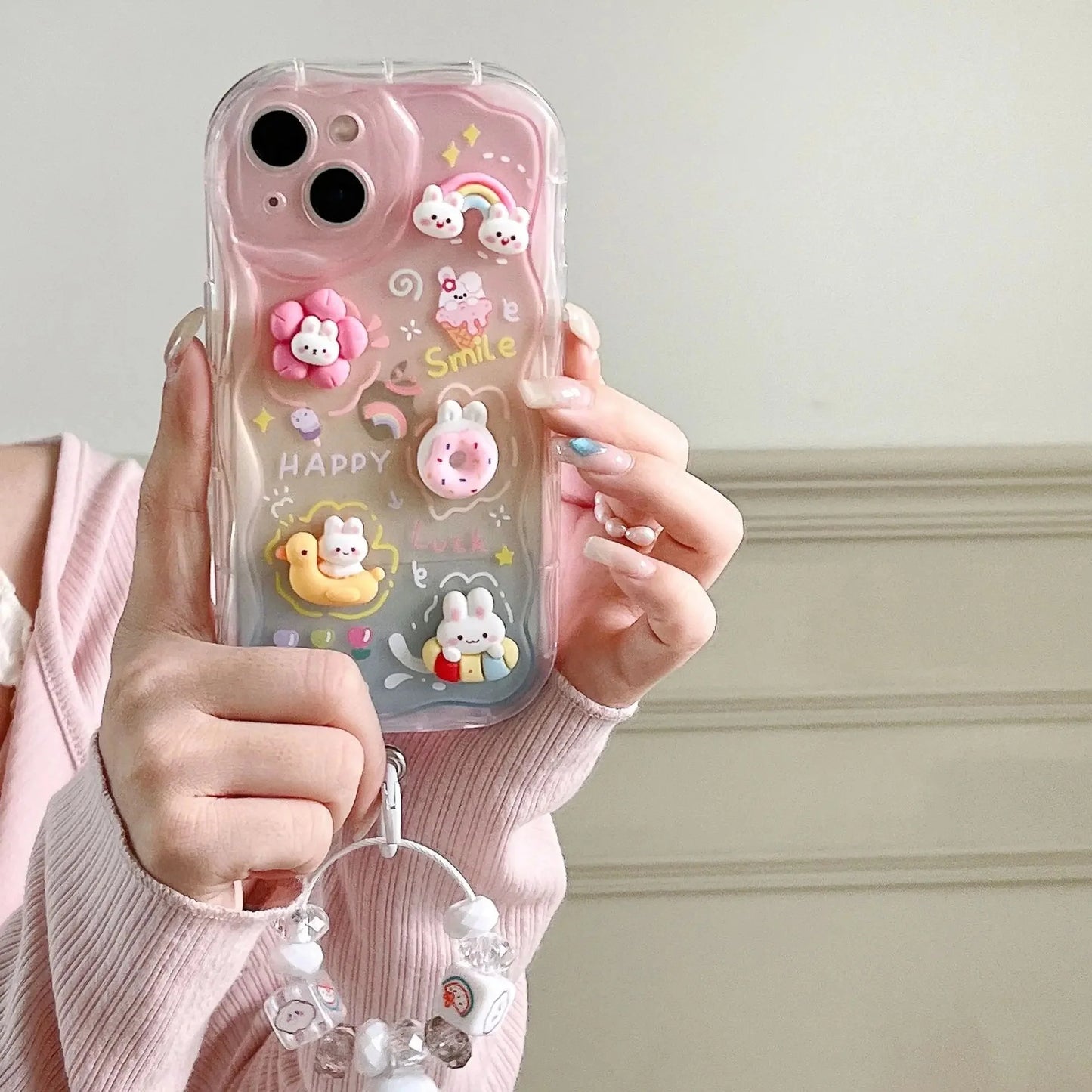 Cute 3D Rainbow Matte Shaded Soft iPhone Case With Lanyard Charm