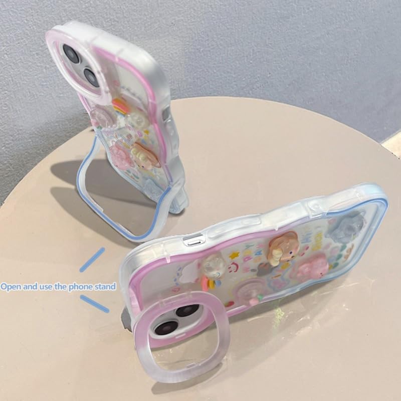 3D Cute Creative Bear Flower Cartoon Rabbit Star Floral Decor Wave Curly Edge Invisible Double Phone Stand Holder Hard Happy Smile Cover Girly Charm