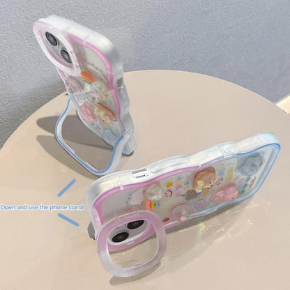 3D Cute Creative Bear Flower Cartoon Rabbit Star Floral Decor Wave Curly Edge Invisible Double Phone Stand Holder Hard Happy Smile Cover Girly Charm