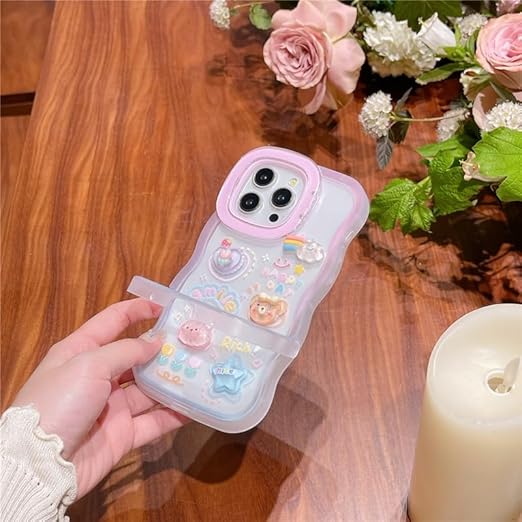 3D Cute Creative Bear Flower Cartoon Rabbit Star Floral Decor Wave Curly Edge Invisible Double Phone Stand Holder Hard Happy Smile Cover Girly Charm