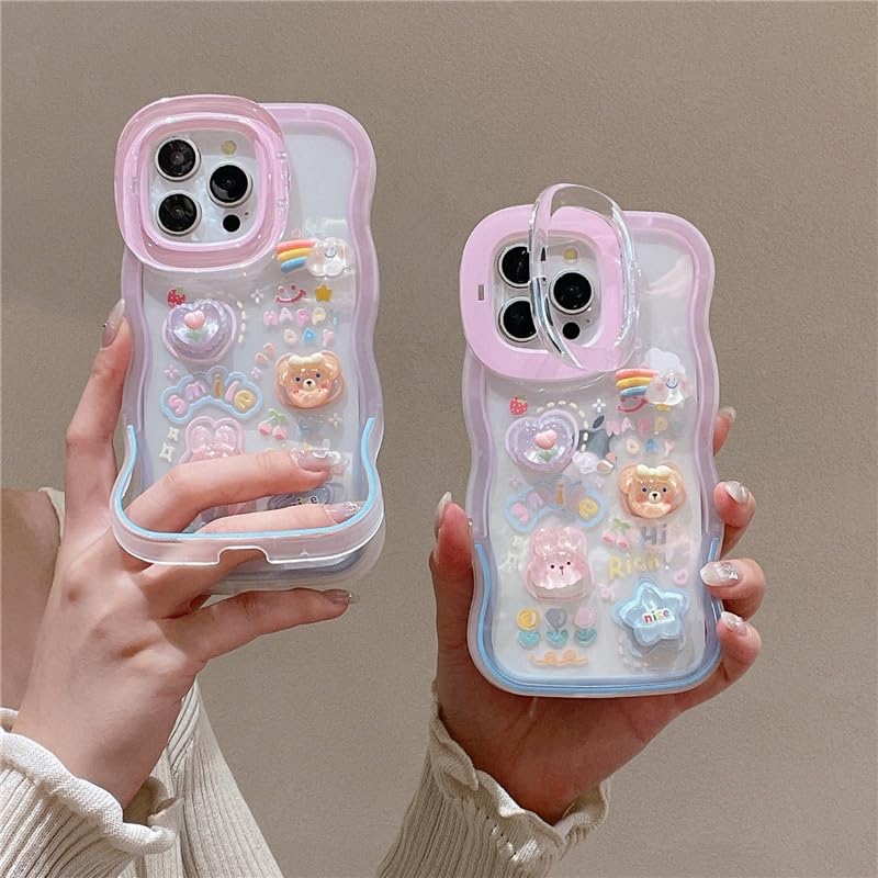 3D Cute Creative Bear Flower Cartoon Rabbit Star Floral Decor Wave Curly Edge Invisible Double Phone Stand Holder Hard Happy Smile Cover Girly Charm