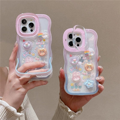 3D Cute Creative Bear Flower Cartoon Rabbit Star Floral Decor Wave Curly Edge Invisible Double Phone Stand Holder Hard Happy Smile Cover Girly Charm