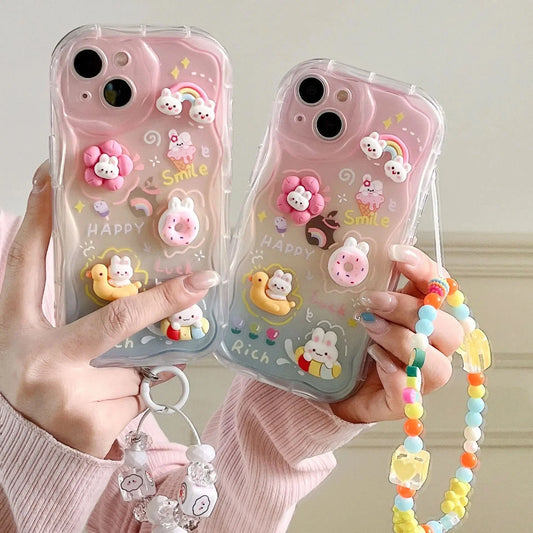 Cute 3D  Rainbow Matte Shaded Soft iPhone Case With Lanyard Charm