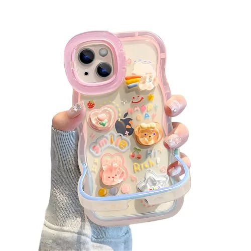 3D Cute Creative Bear Flower Cartoon Rabbit Star Floral Decor Wave Curly Edge Invisible Double Phone Stand Holder Hard Happy Smile Cover Girly Charm