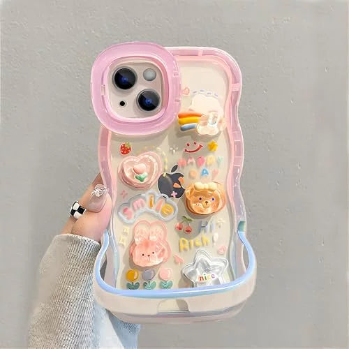 3D Cute Creative Bear Flower Cartoon Rabbit Star Floral Decor Wave Curly Edge Invisible Double Phone Stand Holder Hard Happy Smile Cover Girly Charm