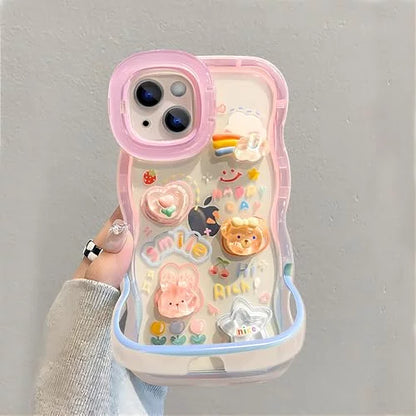 3D Cute Creative Bear Flower Cartoon Rabbit Star Floral Decor Wave Curly Edge Invisible Double Phone Stand Holder Hard Happy Smile Cover Girly Charm